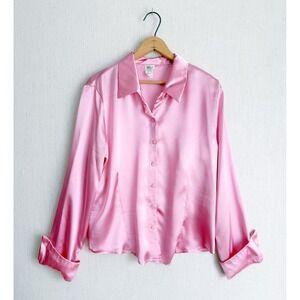 April USA Pink Satin Button Down Blouse Long Sleeve Wide Cuff Vintage L